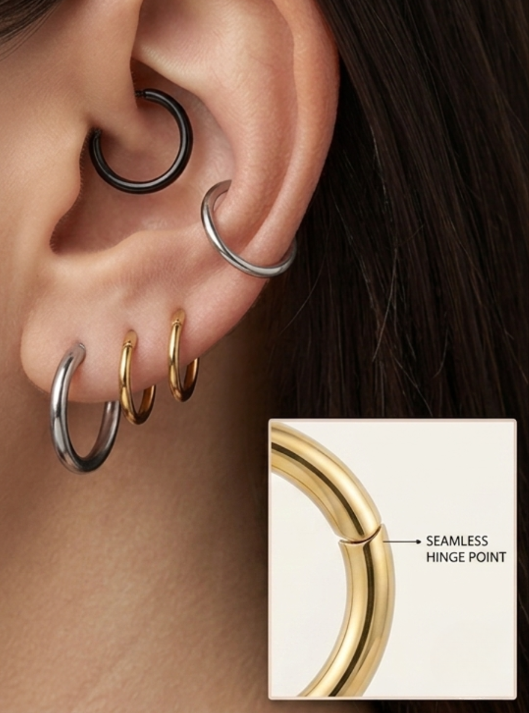 Close-up of a person's ear wearing multiple hoop and cartilage piercings in black, silver, and gold, with an inset detail showing a gold hoop's seamless hinge point.