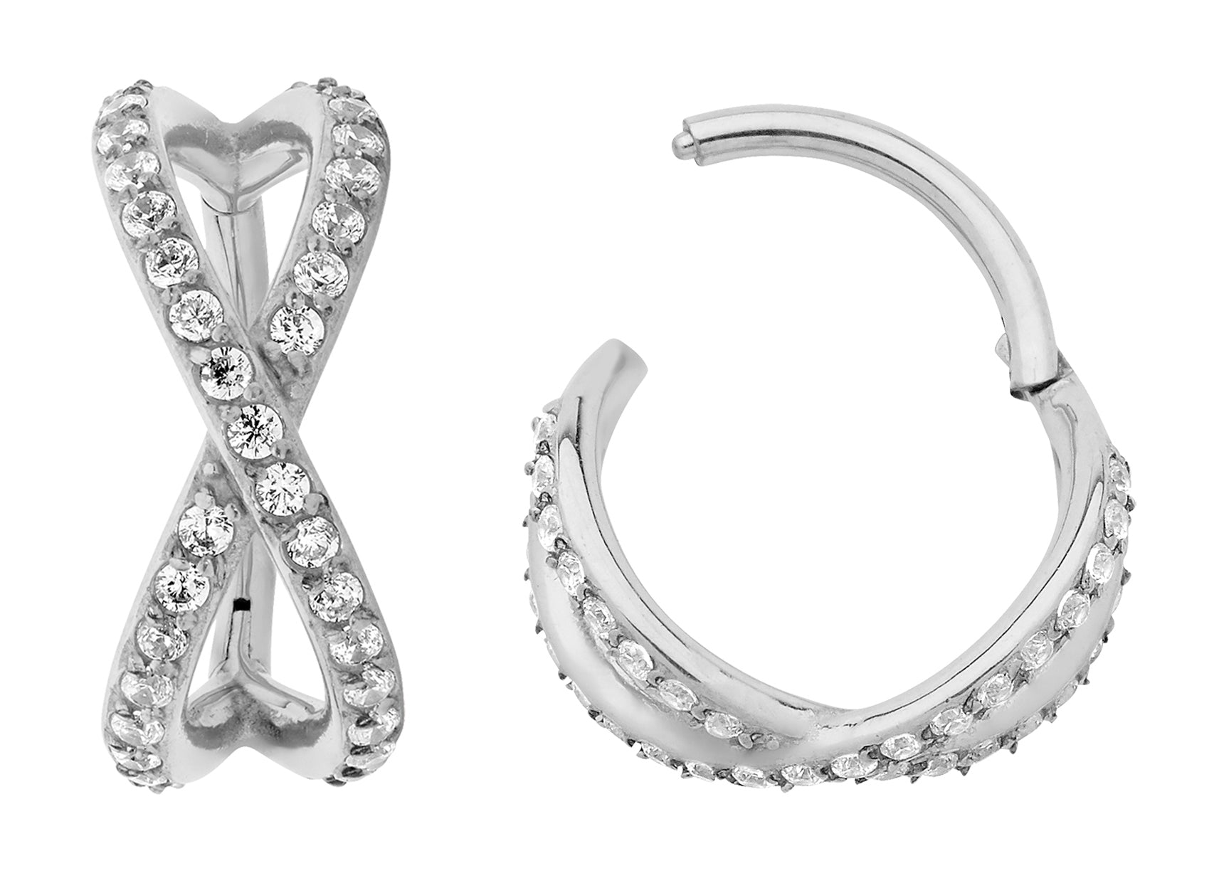 316L Surgical Steel Cross Over Gem Hinged Segment Ring | 16G Body Jewellery | 2pc (Steel - Plain)