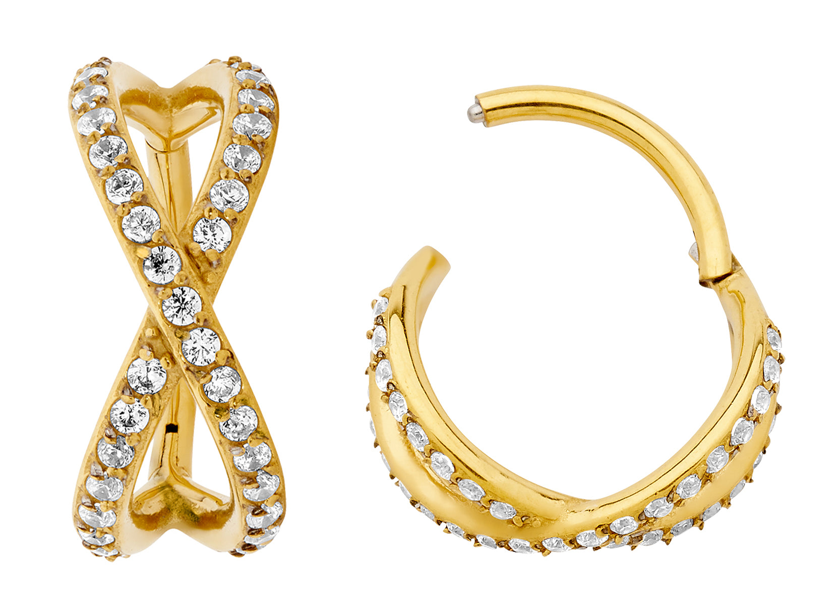 316L Surgical Steel Cross Over Gem Hinged Segment Ring | 16G Body Jewellery | 2pc (Steel - Yellow)