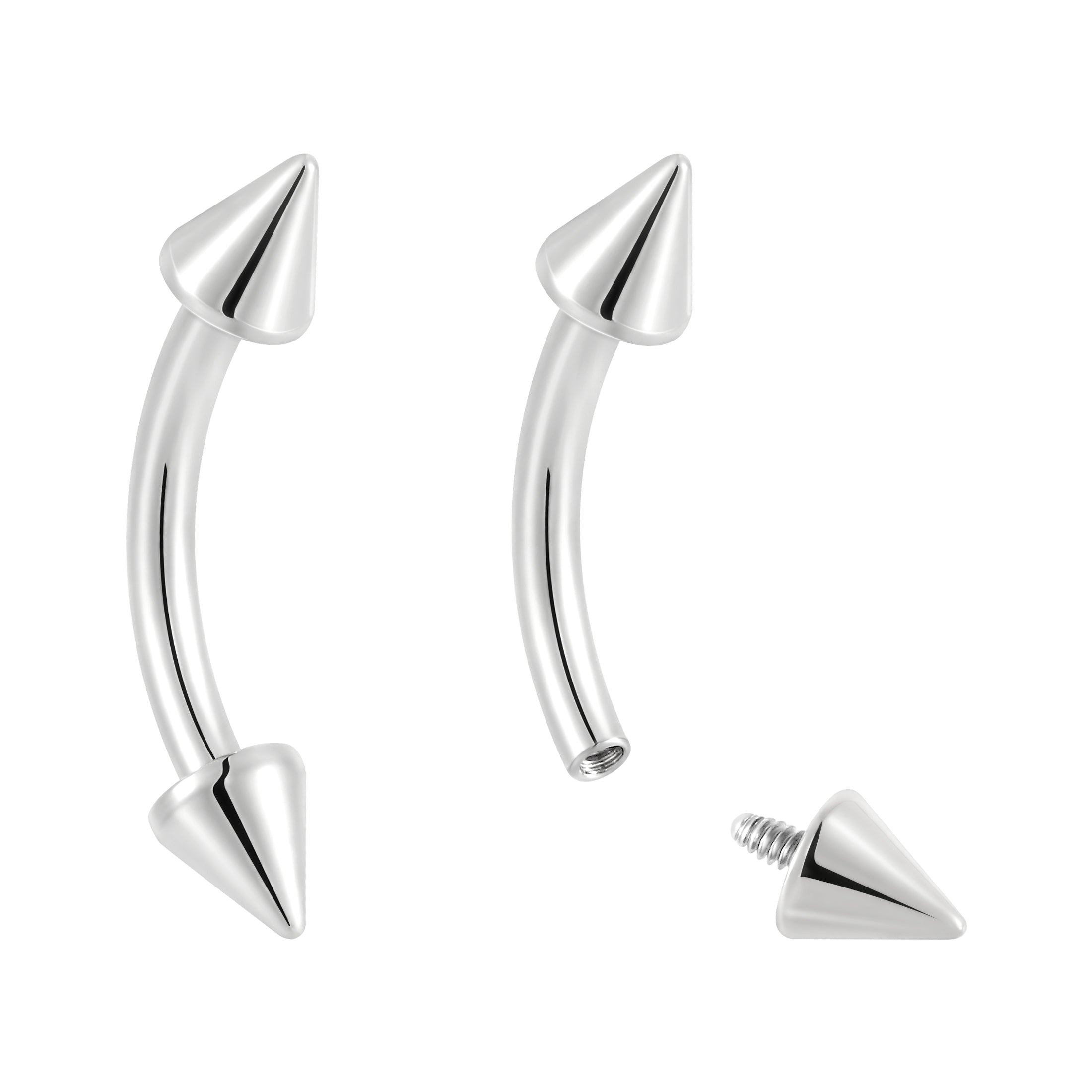 2 Pieces G23 Titanium 16G Internally Threaded Curved Spike Barbell Tongue Nipple Ear Bar Piercing 6mm - 10mm - Pierced Koala