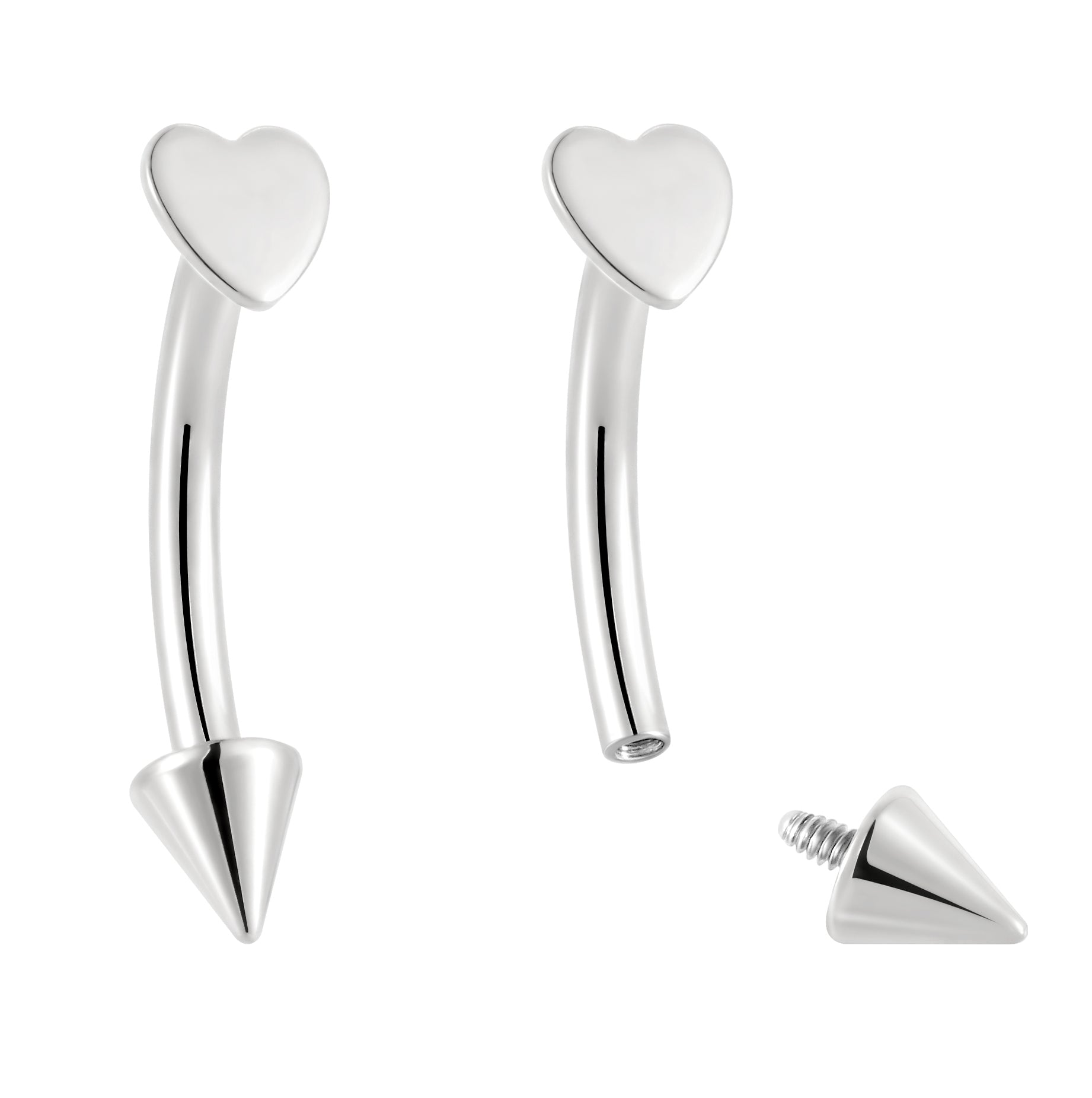 2 Pieces G23 Titanium 16G Internally Threaded Curved Heart Spike Barbell Tongue Nipple Ear Bar Piercing 8mm - Pierced Koala