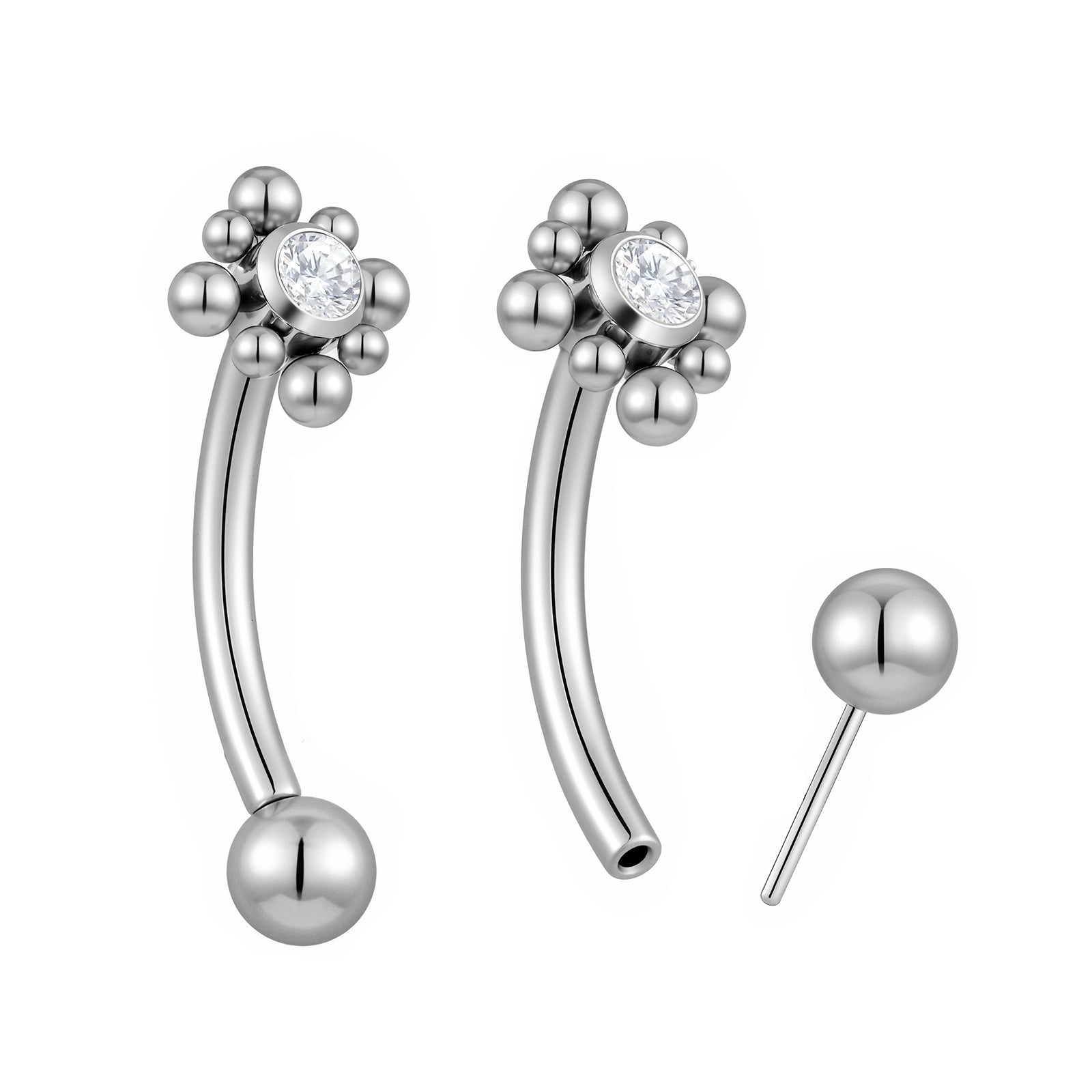 Threadless Flower Gem Curved Barbell 2pc (Titanium - Plain)