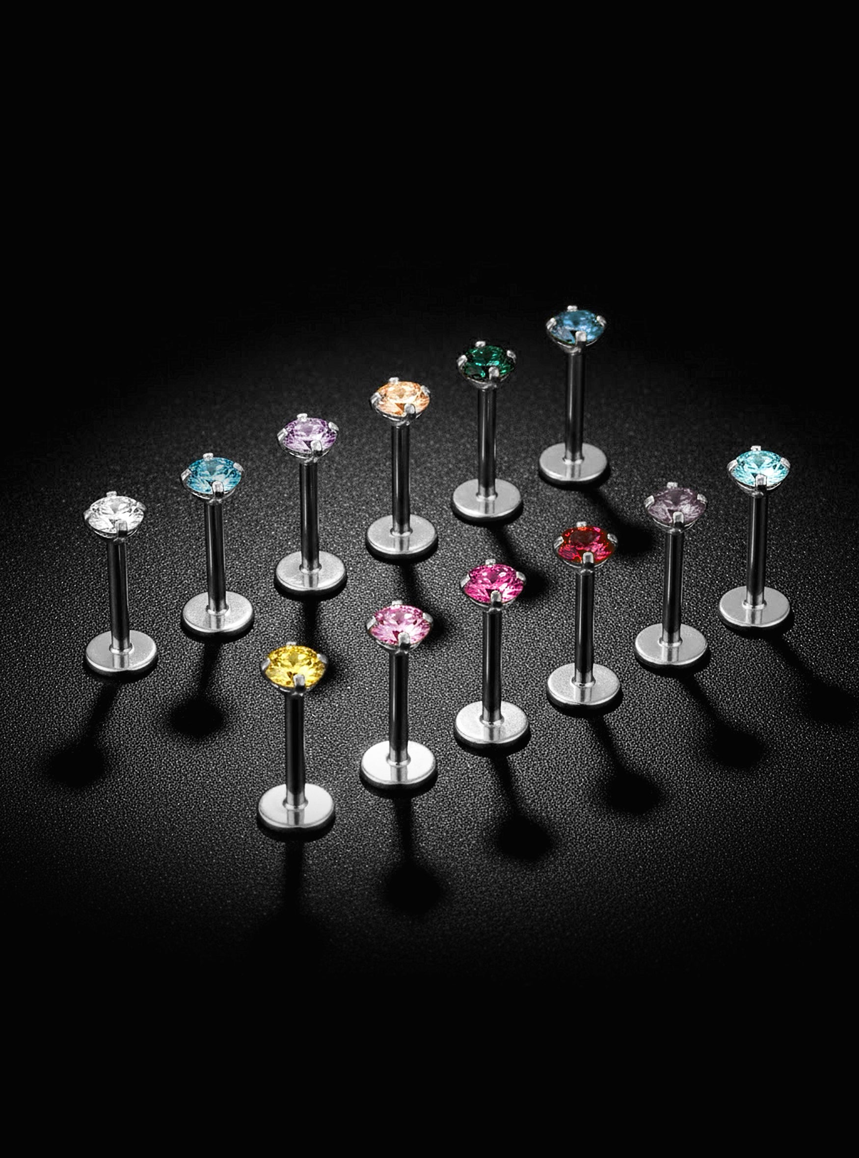 G23 Titanium Threadless Birthstone Gem Labret Ring | 18G Flat Back Studs | 2pc (Titanium - Plain)