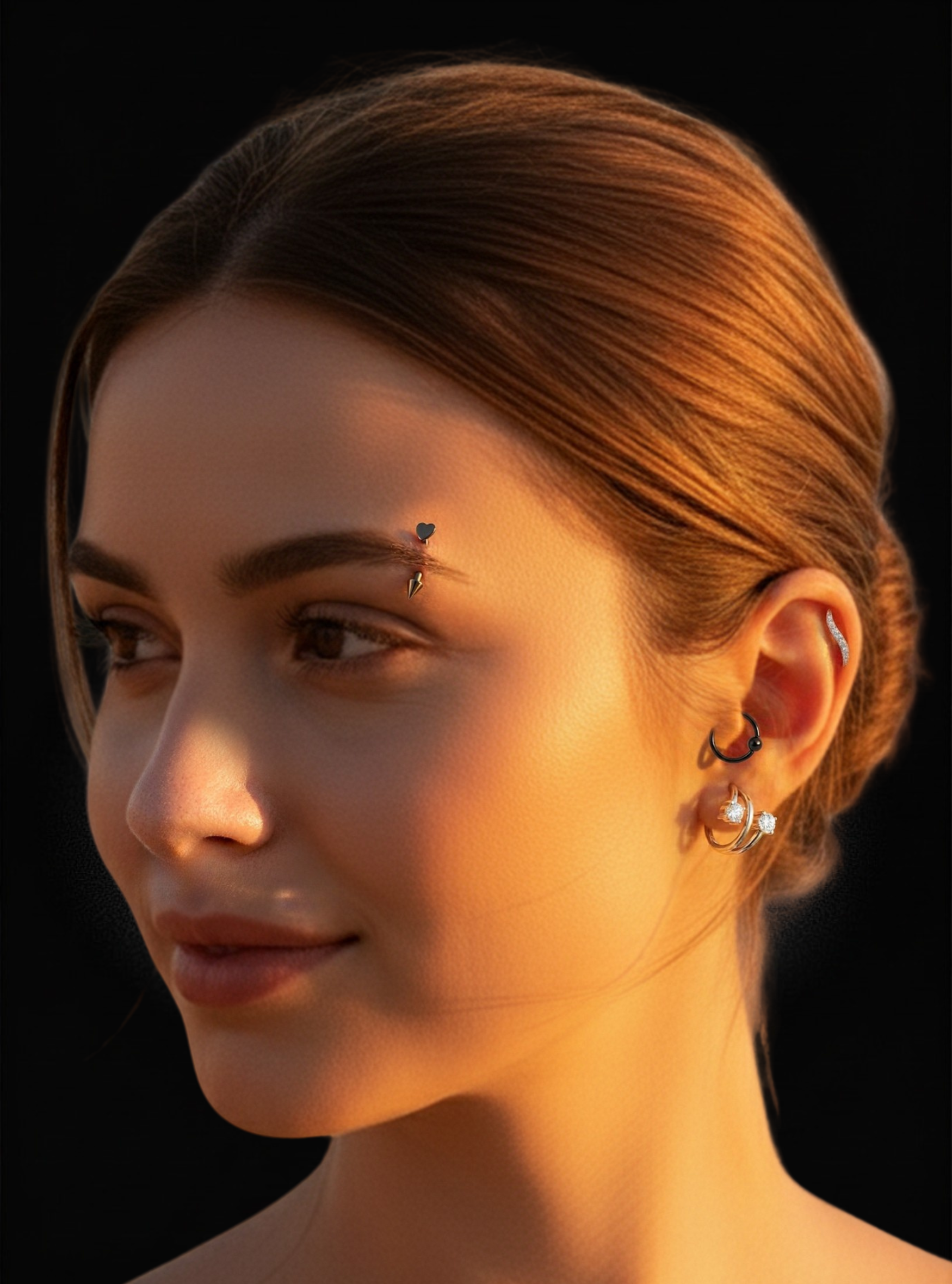 A close-up portrait of a woman with warm golden sunlight on her face, wearing small hoop earrings and a forehead charm against a solid black background.