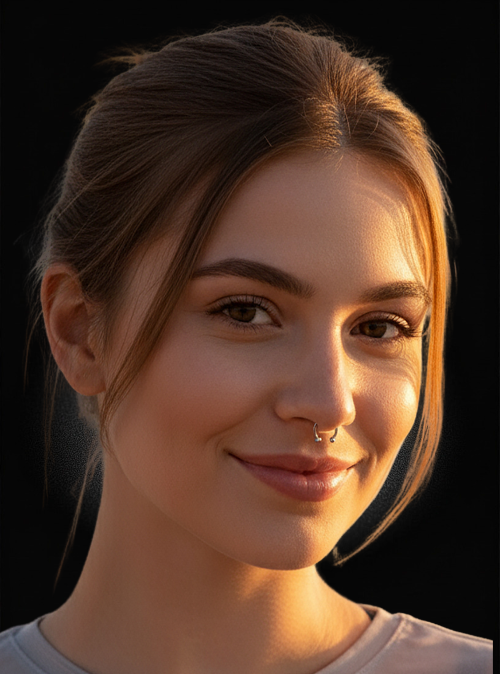 A close-up portrait of a smiling woman with brown hair pulled back, wearing a small silver nose ring against a dark background.