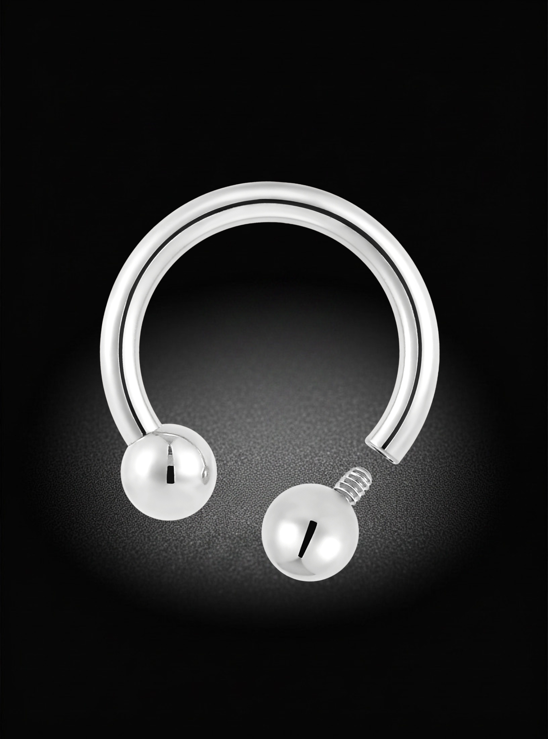 A silver-toned titanium circular barbell earring with two spherical ball ends, shown on a black background with a soft spotlight effect.
