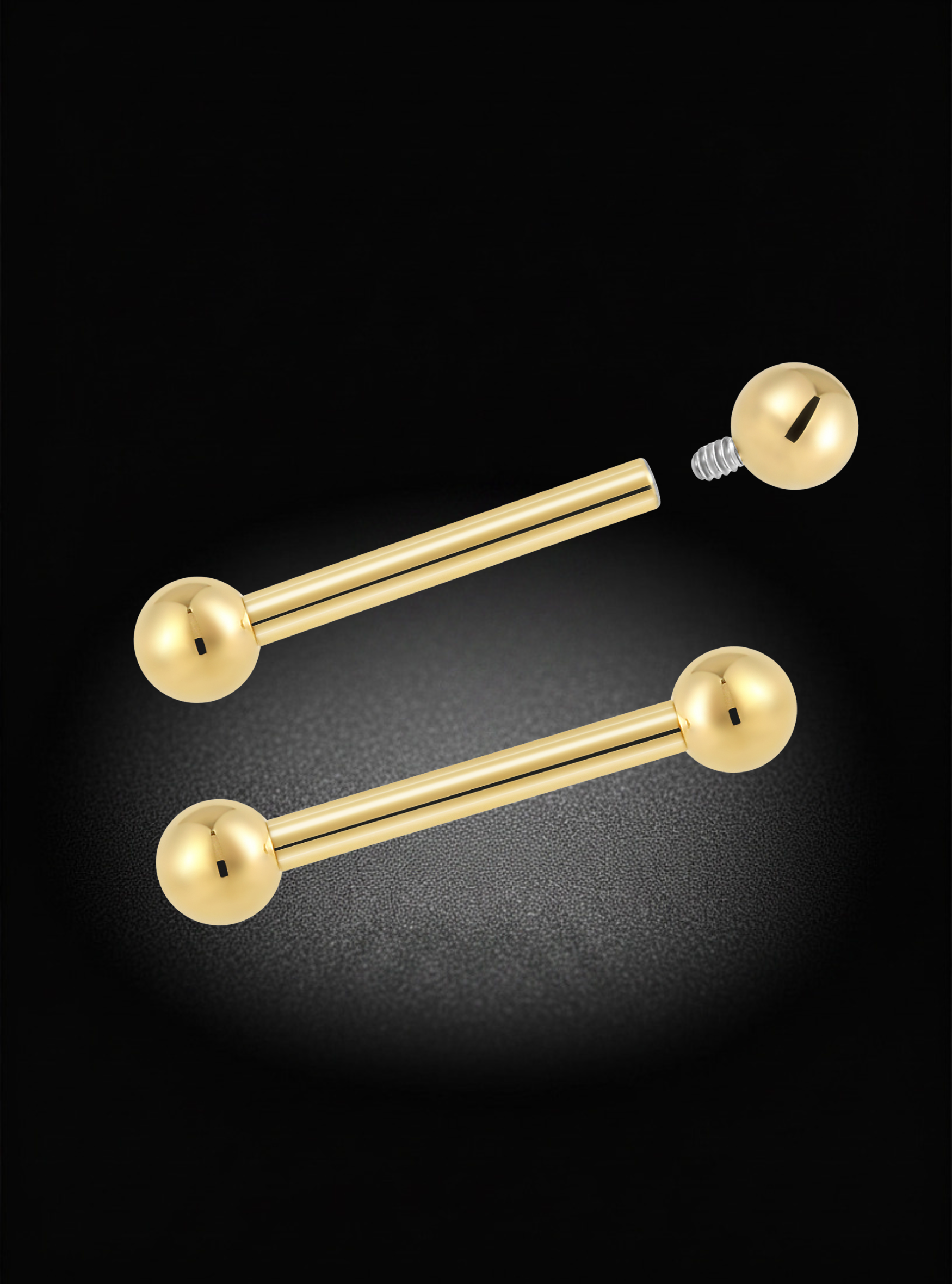Two gold-plated titanium straight barbells piercings with spherical ball ends and a screw-back post, displayed on a black background.