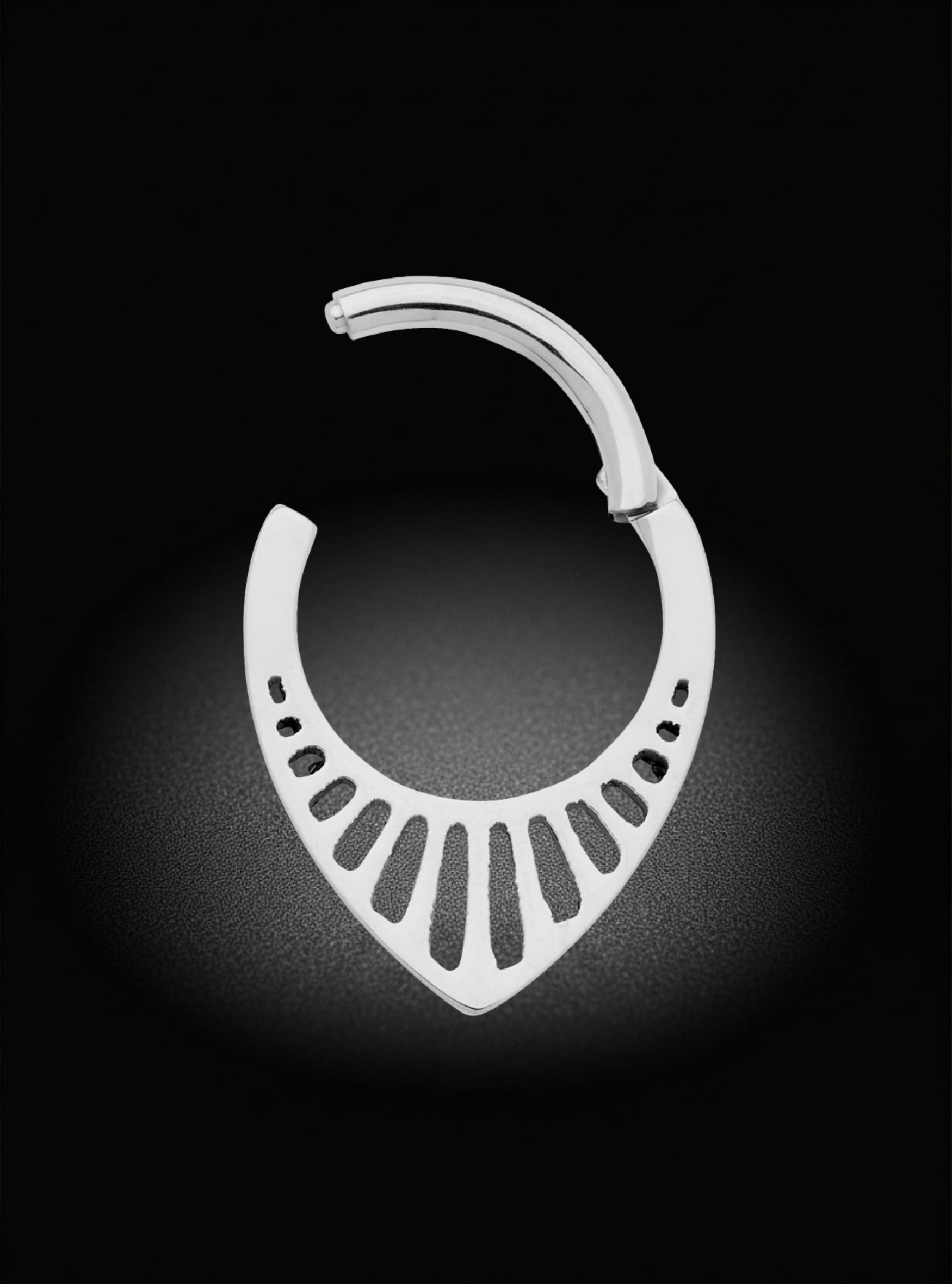 A Titanium curved nose ring with a fan-like cutout design and a hinged back earring segment ring, shown against a black background with a soft spotlight effect.