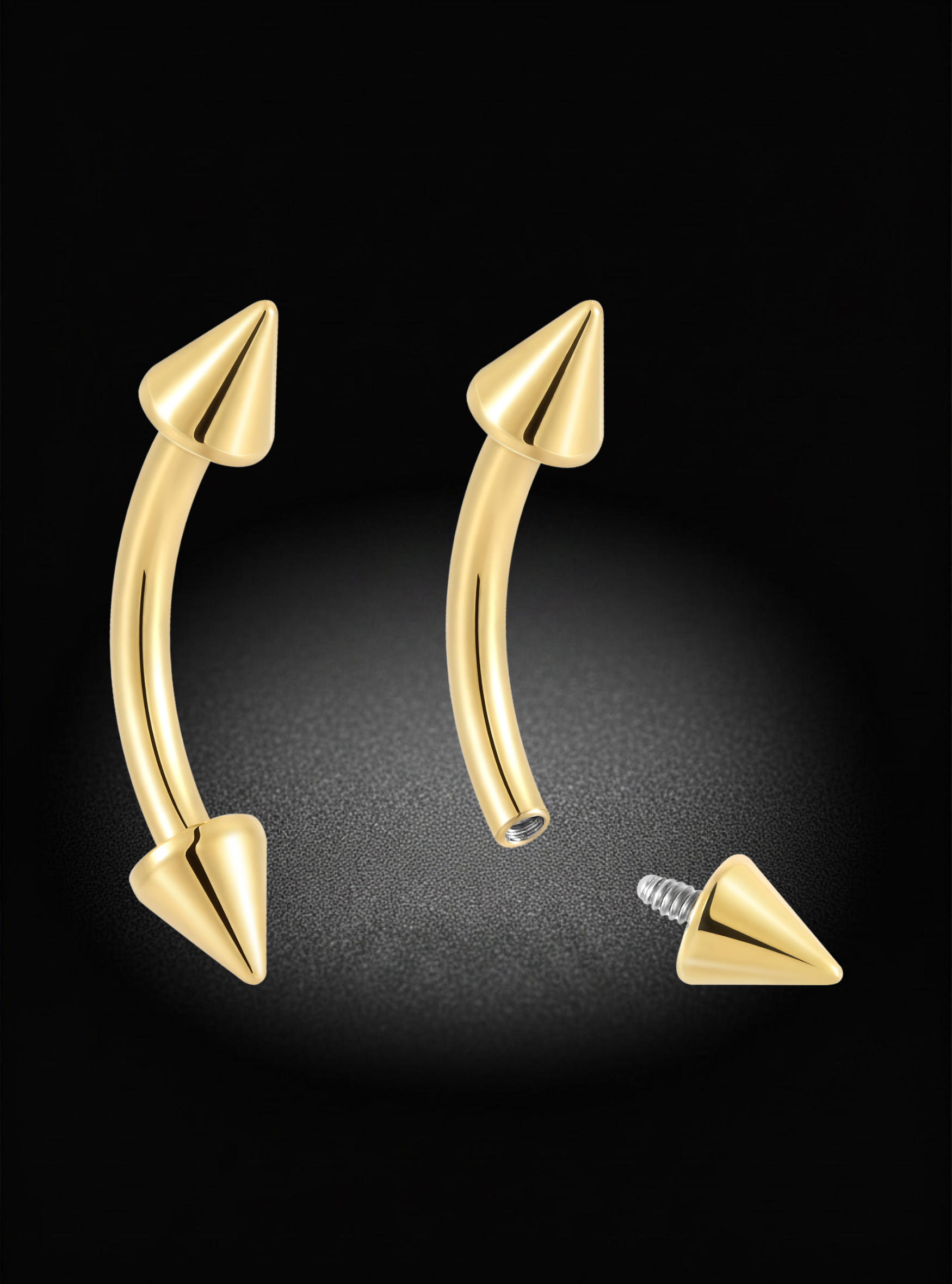 Gold curved barbell piercing stud earrings with pointed ends, shown on a black background with one earring assembled and two loose components including a screw-back.