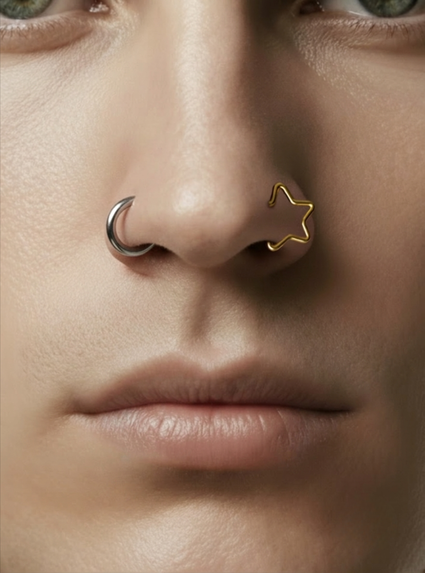 Close-up of a person's nose wearing two nose rings: a silver-toned curved hoop on one side and a thin gold-toned star outline on the other.