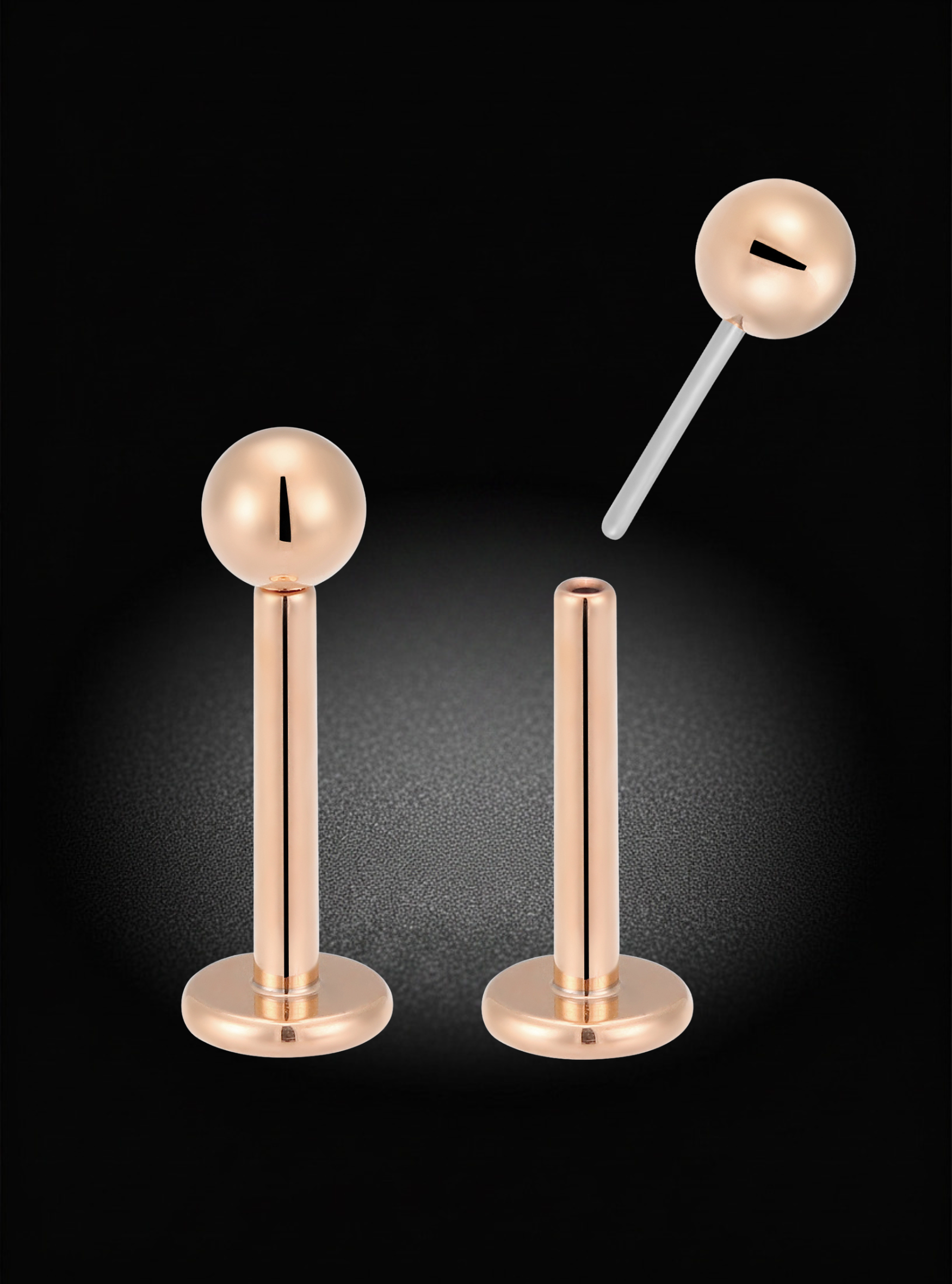 Rose gold body jewelry shown on a black background, including a ball stud with a vertical post and a flat barbell-style piece with a horizontal post.