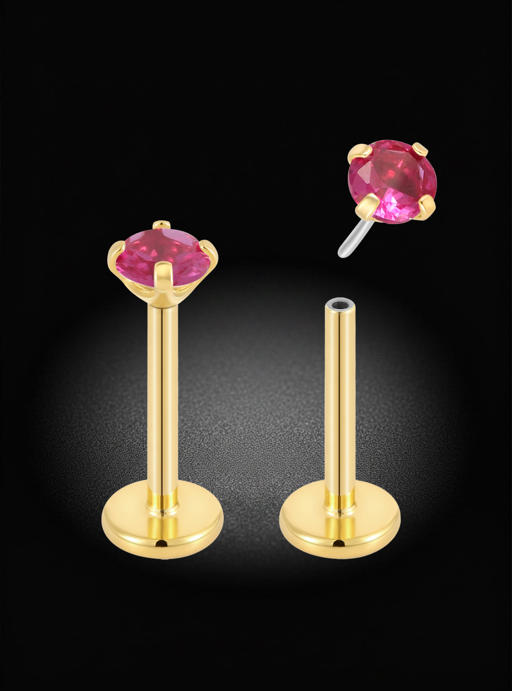 Gold labret piercing stud with a round pink gemstone, shown assembled on the left and disassembled with the post separated on the right, against a black background.