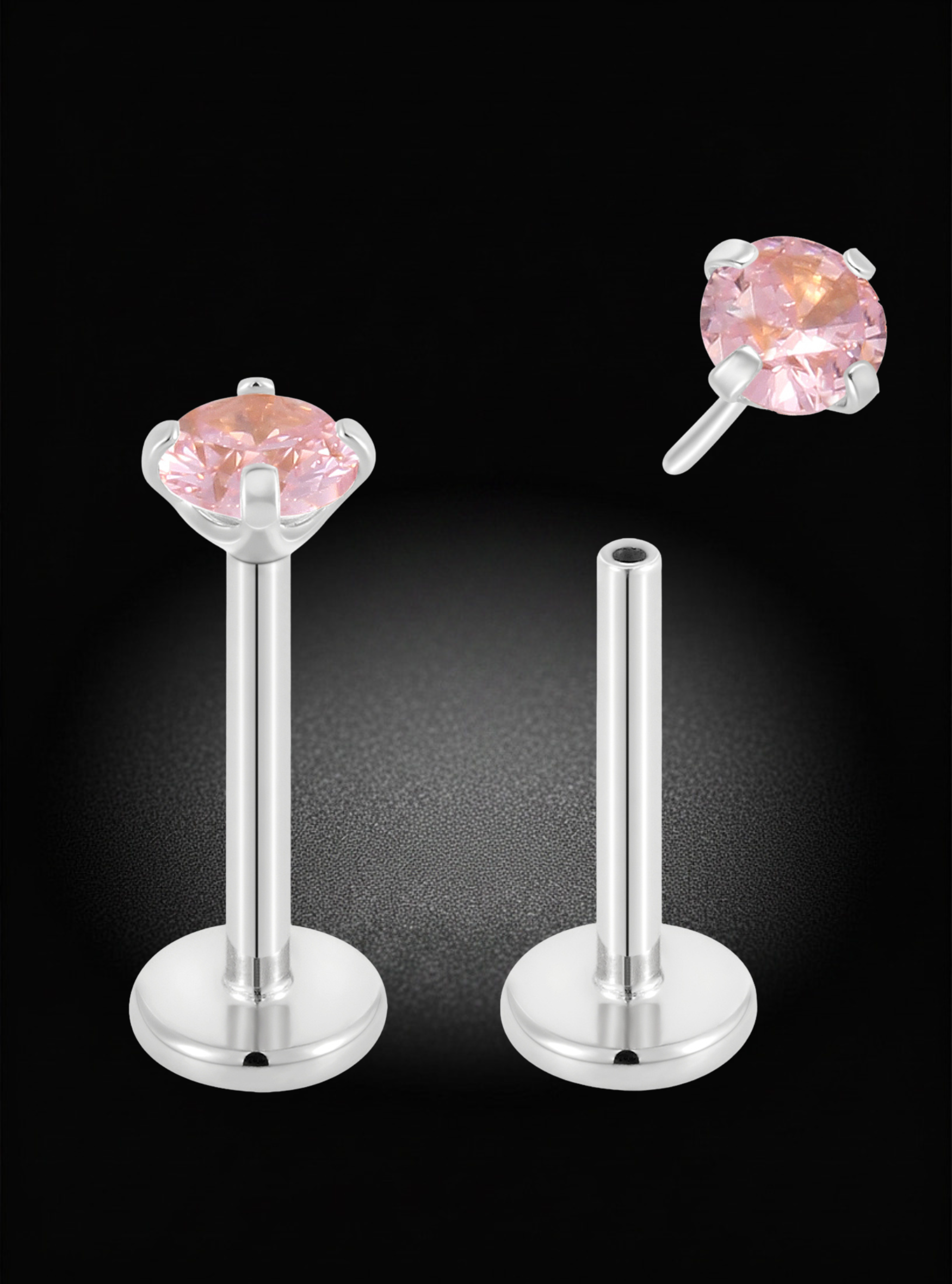 G23 Titanium Threadless Birthstone Gem Labret Ring | 18G Flat Back Studs | 2pc (Titanium - Plain)