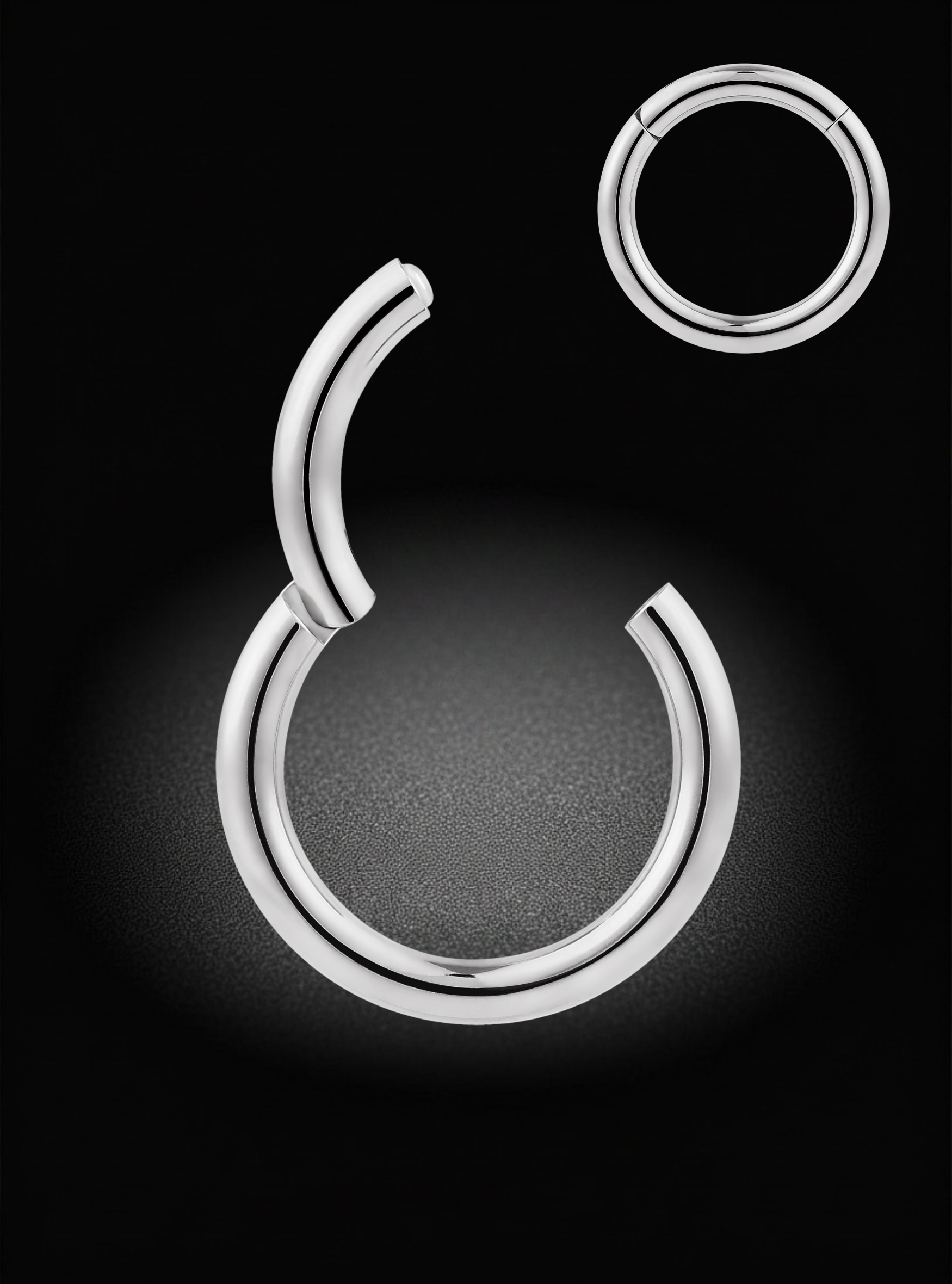 A polished silver-toned curved hoop earring is shown on a black background, with a smaller top-right inset view of the same earring from the back. 